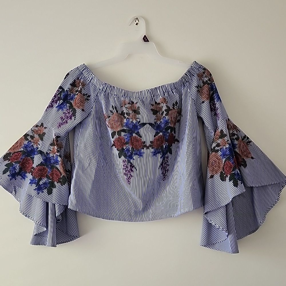 Flying Tomatoe Off The Shoulder Striped Floral  Top M